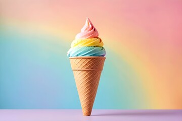 rainbow ice cream cone on pastel background. - obrazy, fototapety, plakaty