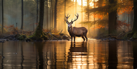 deer in the water, deer in the sunset, big deer with antlers standing near water