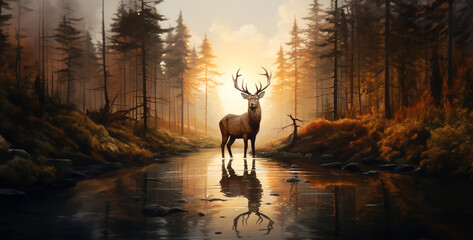 deer in the sunset, big deer with antlers standing near water - obrazy, fototapety, plakaty