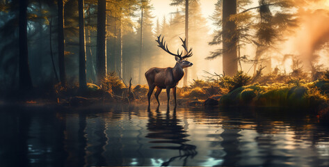 deer in the sunset, deer in the sunset, big deer with antlers standing near water