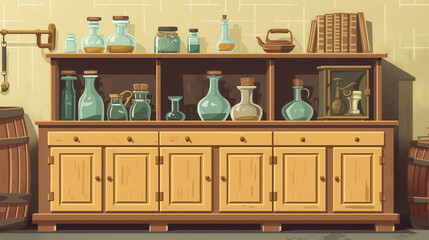 Fototapeta na wymiar Antique wooden apothecary cabinet with vintage bottles.