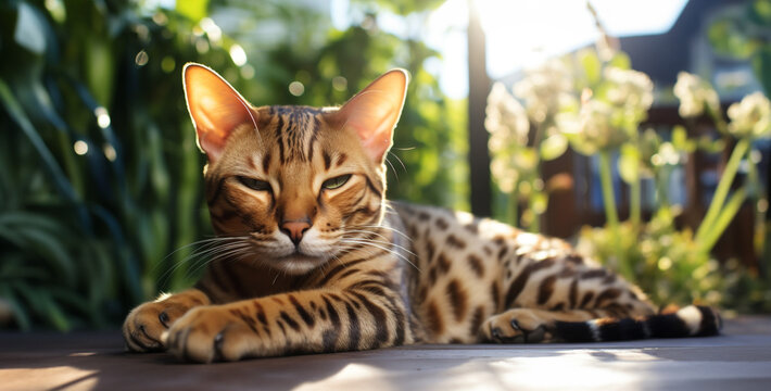 cat on the tree, a photo of bengal cat lying down on outside home
