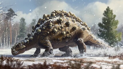 An Ankylosaurus shaking off a light dusting of snow from its armored back.
