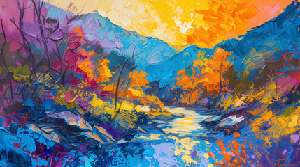 Vibrant painted river landscape at sunset.