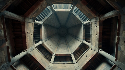 Fototapeta premium Looking up inside a geometric wooden tower.