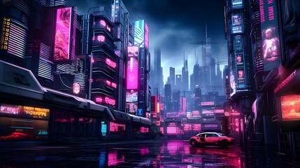 Night city with cars and high-rise buildings. 3d rendering - obrazy, fototapety, plakaty