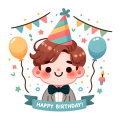 cute boy with birthday cake and balloon , for your birthday card sticker 