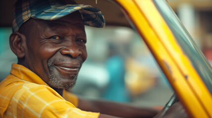 Smiling elderly man leaning on a yellow car.