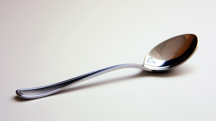 Sleek metal spoon on a gradient white background.