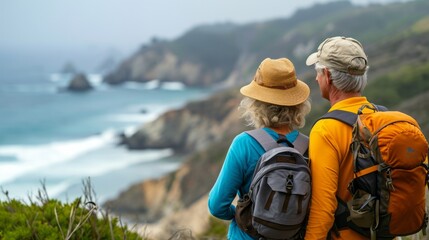 Senior couple admiring the scenic Pacific Ocean coast while hiking, filled with wonder at the beauty of nature during their active retirement