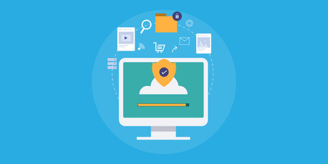 Online storage security, cloud computing business technology vector illustration.