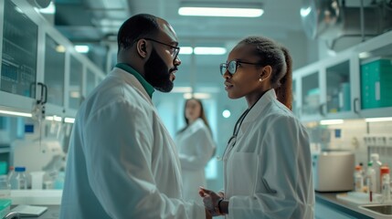male and female black doctor talking in the hospital corridor, discussing 