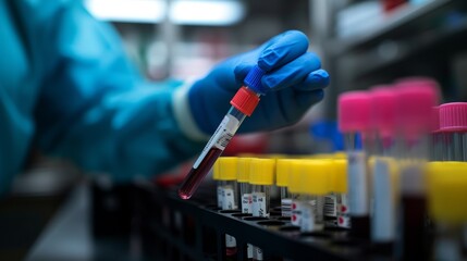 scientist working in laboratory with tubes, blood samples, mask, goggles, protection