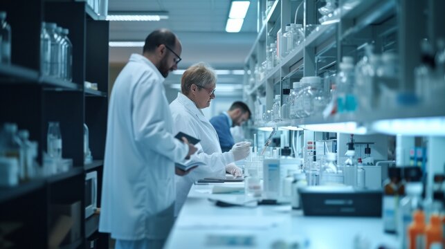 scientist working in laboratory with tubes, blood samples, mask, goggles, protection 