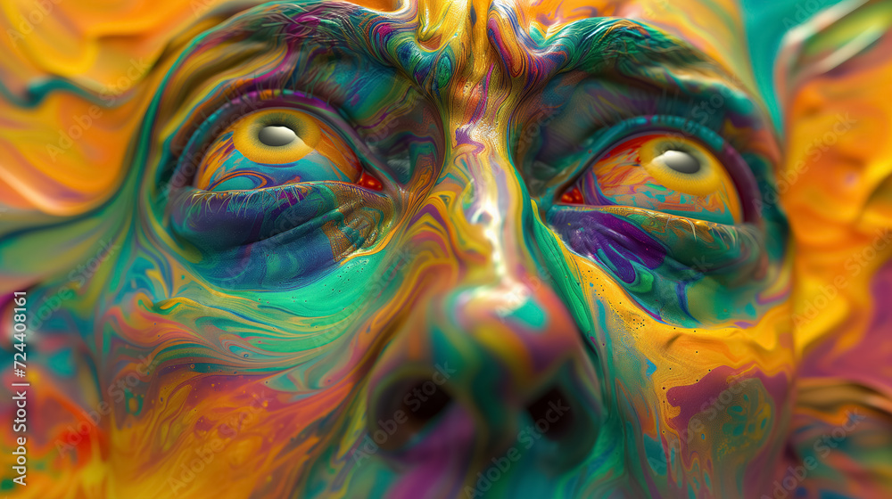 Wall mural Psychedelic face melting with colorful paint swirls.