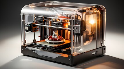 A sleek and modern 3D printer in focus against a solid white background.