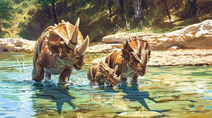 A family of Triceratopses wading in a crystal clear river their young ones playfully splashing around.