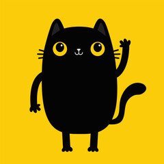 Cat standing. Waving hand paw. Funny head face icon. Black kitten with yellow eyes. Cute cartoon funny baby character. Kawaii animal. Sticker print. Pet collection. Flat design. Yellow background.