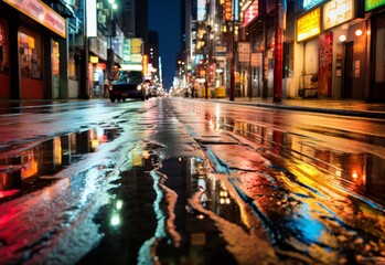 Fototapeta na wymiar Neon-lit City Street in Night Rain