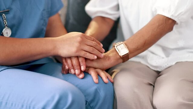 Trust, support or closeup of nurse holding hands with patient for healthcare, wellness and service. Empathy, hope and caregiver with a helping hand for a senior person for medical advice and nursing