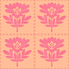 Peach fuzz color floral seamless pattern. Block print inspired hand drawn floral and dots background. Pink and orange colors. Geometrical flowers 