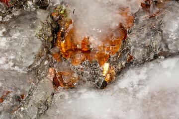 Colors in ice from embedded leaves in Bolton Notch, Connecticut.