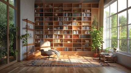 Obraz na płótnie Canvas The corner office of a Scandinavianinspired workspace featuring a large floortoceiling bookshelf made of natural wood a comfortable reading chair and a cozy rug perfect for