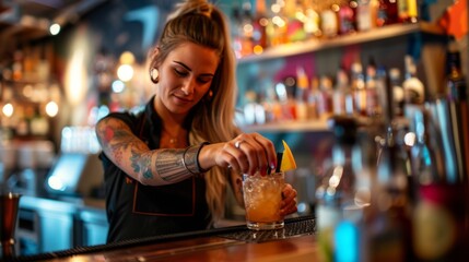 woman bartender at the bar in the restaurant fixing a drink, mixing cocktail, pub, female