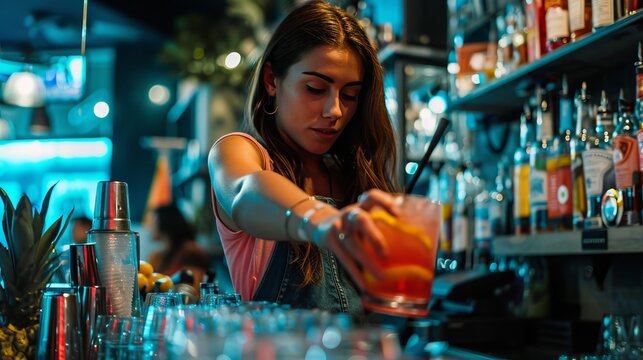 woman bartender at the bar in the restaurant fixing a drink, mixing cocktail, pub, female