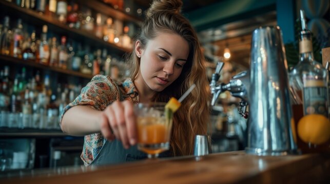 woman bartender at the bar in the restaurant fixing a drink, mixing cocktail, pub, female