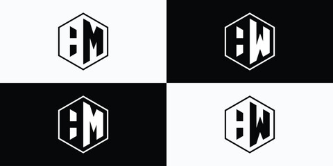 Vector logo design collection of initials H M and H W letters in hexagon shape with negative space. - obrazy, fototapety, plakaty