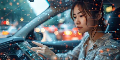 Future of Driving: A Woman Navigates Through the City using Her Car's Advanced Touchscreen Dashboard, Embracing Modern Transportation Technology, Generative AI
