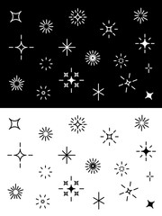 Sparkles Stars symbol sign icon set. White Black star twinkling shining effect. Decoration twinkle element. Cute shape collection. Line contour doodle. Flat design. White black background. Isolated.
