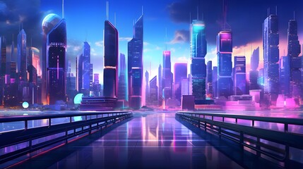 Futuristic city at night. Panoramic view of the city from the bridge.