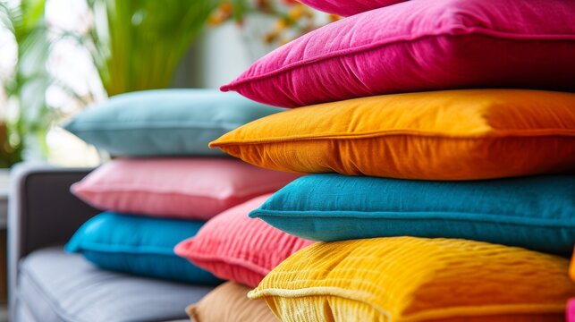 Piles of colorful pillows create a bright and comfortable atmosphere