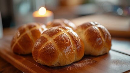 homemade hot cross buns served on the plate on the table for Easter, spring