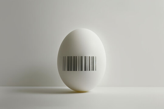 One white plain standing egg with a barcode printed on the shell. Food safety, protective marking, cost, technology. Tech Easter. Loss of identity and tracking issues