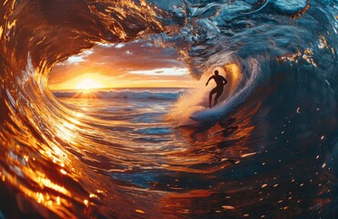 Golden Sunset Wave Interior, Vibrant Nature Display, Generative AI