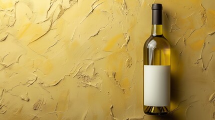 A big copy space with a bottle of white wine mockup bottle against a yellowish backdrop, Generative AI.