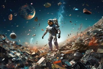 Astronaut in trash at space. The pile of human trash at space. Astronaut is standing in the middle of a trash pile at space. the environmental hazard at space. - obrazy, fototapety, plakaty