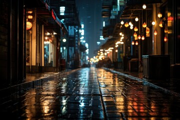 Cobbled street at night in city during rain. Shallow depth of field. City street after heavy rain,...