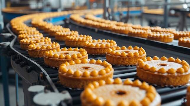 Cakes on automation circular conveyor machine in bakery food factory, production line
