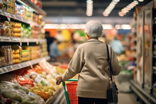 Elderly woman shopping at the supermarket. Rear view of an elderly woman shopping in a supermarket. grocery shopping concept at superstore.