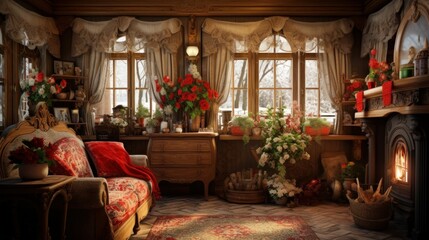 Fototapeta na wymiar Interior of a cozy room in Russian style