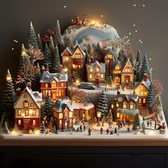 Christmas and New Year miniature of a village in the snow. Christmas scene.