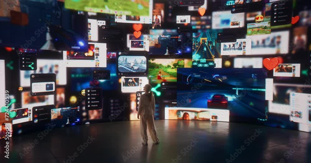 Poster back view of caucasian woman entering 3d cyberspace with animated social media interfaces, online vi