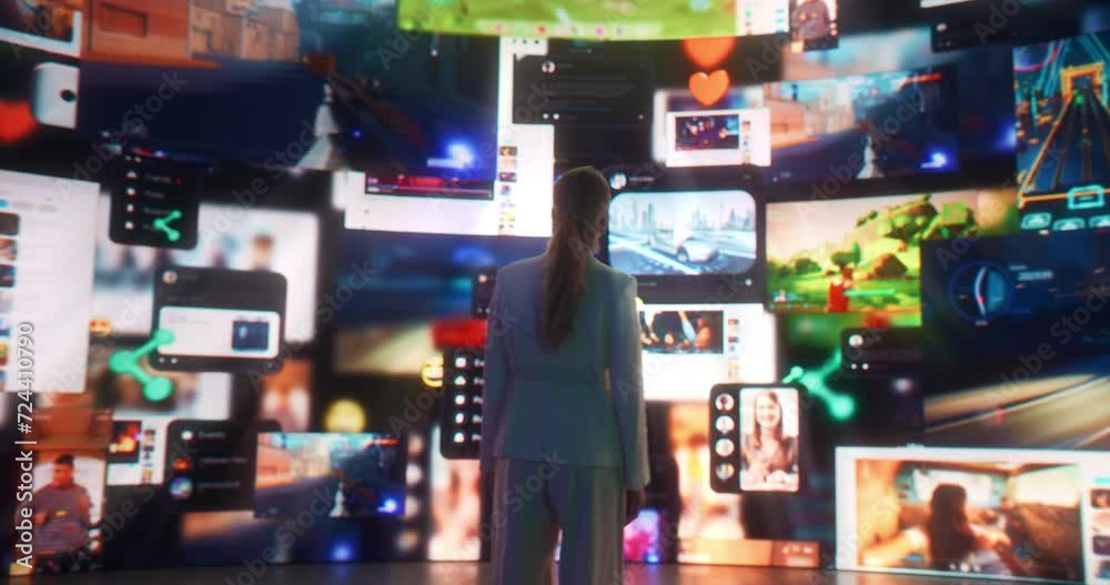 Poster Backview Of Caucasian Woman Entering Animated Stream Of Content. Visualization Of Browsing Metaverse Big Data with Viral Videos, Social Media Profiles with Influencers, and Internet Communities.