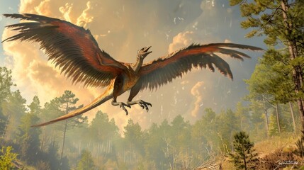 A Hatzegopteryx showing off its impressive wingspan as it performs an aerial display its guttural calls filling the air. - obrazy, fototapety, plakaty
