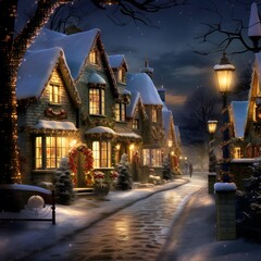 Winter night in the village. Winter landscape with houses and lanterns.