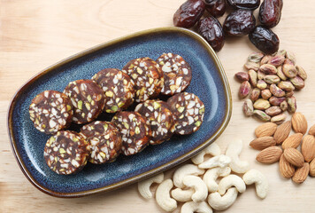 Khajur Barfi Or Khajoor Dry Fruits Burfi Made Of Dates, Anjeer, Kaju, Cashew Nuts, Raisins, Kismis, Pista, Poppy Seeds, Almonds, Pistachio, Badam, Mawa Are Rich In Dietary Fiber, Proteins And Vitamins